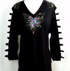 S M L or XL A-Line Tunic Top 3/4 Sleeve Rhinestone Flowers Floral Bouquet