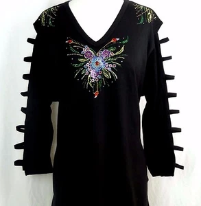 S M L or XL A-Line Tunic Top 3/4 Sleeve Rhinestone Flowers Floral Bouquet - Picture 1 of 8