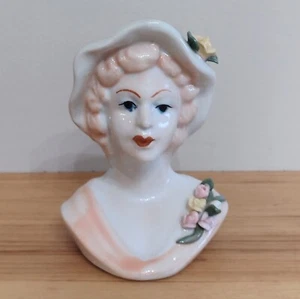Vintage Porcelain Lady Head Vase Planter Green Floral Hat Red Head Orange Dress - Picture 1 of 8