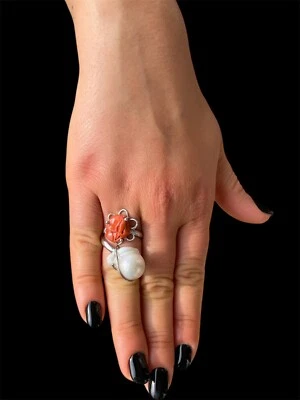 Anello in argento con perla e Corallo naturale - Immagine 1 di 4