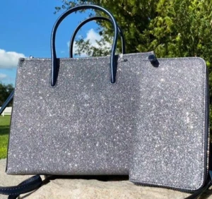 Kate Spade Trista Glitter Shopper Crossbody & Large Continental Wallet Dusk Navy - Picture 1 of 8