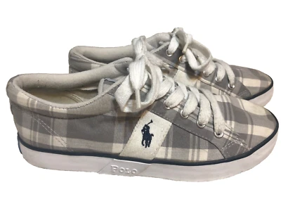 Ralph Lauren POLO Giles Niños Jóvenes Tenis Talla 5 Gris Blanco Cuadros Madras Usadas en Excelente Condición Foto 1 de 4