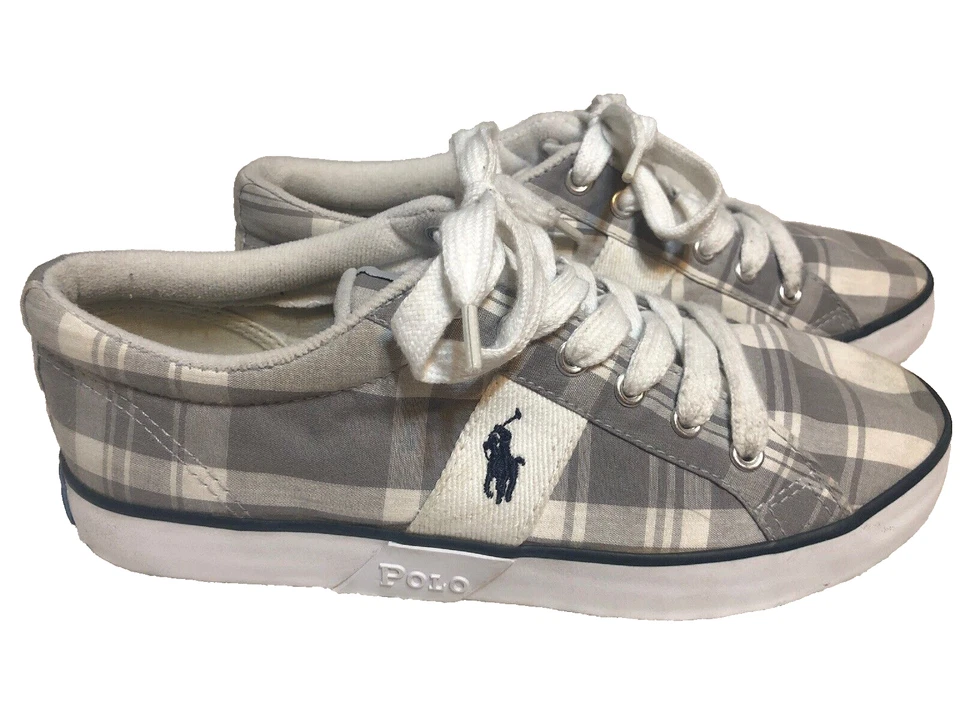 Ralph Lauren POLO Giles Niños Jóvenes Tenis Talla 5 Gris Blanco Cuadros Madras Usadas en Excelente Condición Foto 1 de 4