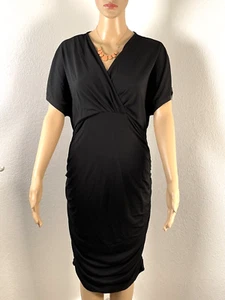 Suzanne Betro DRESS Black Size Large Bodycon  V Neck Ruched Short Sleeve MSRP$86 - Picture 1 of 10