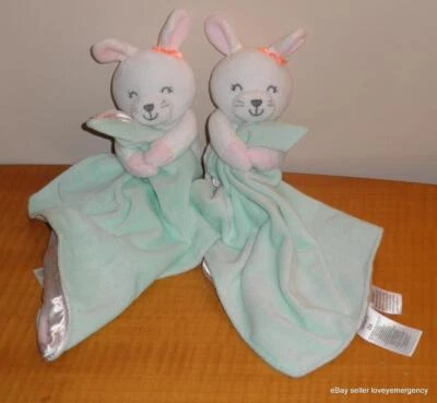 Carters White Bunny Rabbit Aqua Green Stripe Satin Security Blanket Lovey Rattle - Image 1 of 4