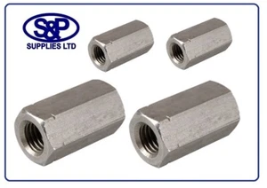 A2 ST/STEEL THREADED BAR / ROD / STUDDING HEXAGON CONNECTOR M5 TO M24 STAINLESS - Picture 1 of 3