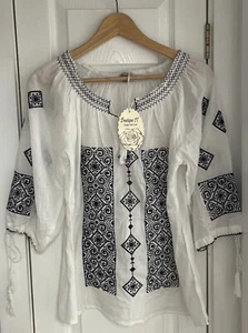 Boho-Bauernbluse Damen Boutique 17 bestickt Quaste S/M neu mit Etikett - Bild 1 von 5