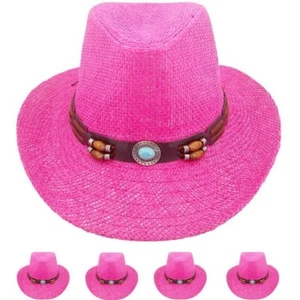 HOT PINK Paper Straw COWBOY HAT Turquoise Accent Summer Beach WESTERN cowgirl - Picture 1 of 1