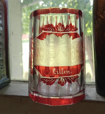 1880s RUBY STAINED CUT TO CLEAR CILLEN SOUVENIR GLASS MUG WHEEL CUT ENGRAVED - Image 1 of 4