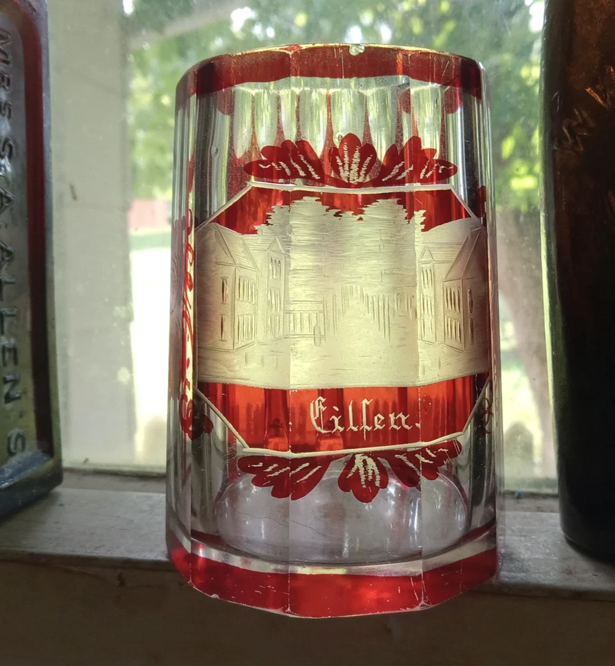 1880s RUBY STAINED CUT TO CLEAR CILLEN SOUVENIR GLASS MUG WHEEL CUT ENGRAVED - Image 1 of 4