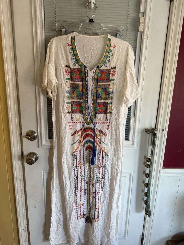 Vintage 70s Kerdasa Kaftan Egypt Hand Embroidered Tassels Long Ivory Stunning - Image 1 of 4
