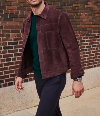 Men Brown Pure Suede Leather Jacket Slim Fit Trucker Jacket Custom Size S M L XL - Image 1 of 3