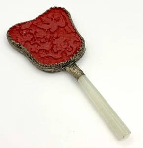 Vintage chinesischer Zinnober Handspiegel mit Nephrit Jade Griff & Silbermontierung (AHB) - Bild 1 von 9