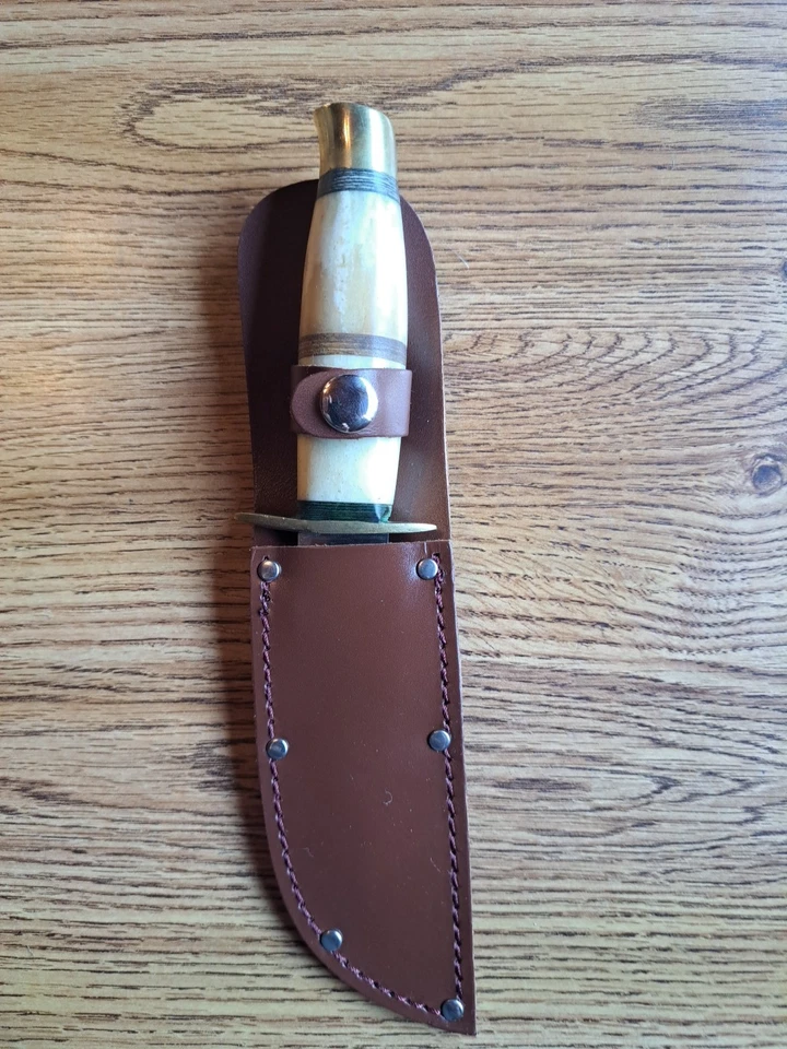 Vintage Beautiful Bone Handle Hunting Knife W/Leather Sheath Pakistan  - Image 1 of 4