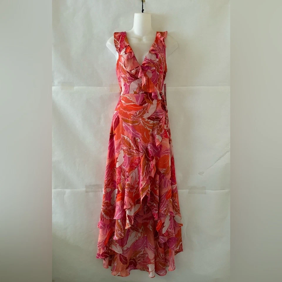 Maxi Vestido Aqua Wrap Talla XS Rosa Naranja Floral Volantes Nuevo con Etiquetas Alto Bajo Gasa Evento Foto 1 de 4