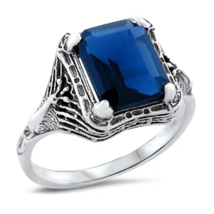 PEACOCK VINTAGE DESIGN 925 STERLING SILVER SIMULATED SAPPHIRE RING #1297 - Picture 1 of 3
