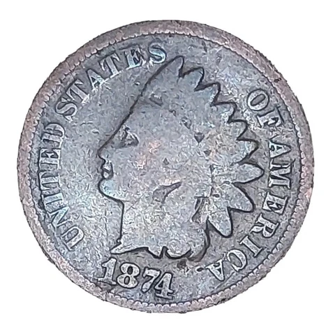 1874-P Indian Head One Cent/Penny~Scarce Date Coin~G-VG Cover