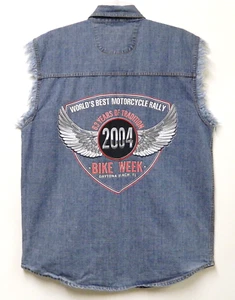 BLUE DENIM Daytona Bike Week SLEEVELESS SHIRT Men Large SNAP POCKETS Embroidered - Picture 1 of 8