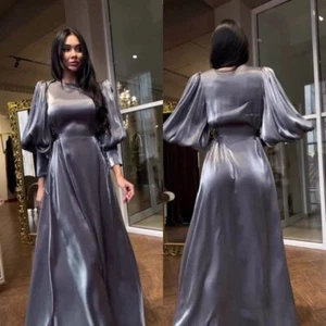 Women Shiny Dress Lantern Sleeves Satin Slim Fit Lady Party Gown Maxi Muslim - Picture 1 of 16