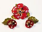 Vintage Original By Robert Red Green Enamel Rhinestone Flower Brooch & Earrings