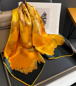 100% Silk Mulberry Square Scarf Women Neckerchief Wrap Floral Yelow New - Picture 1 of 3