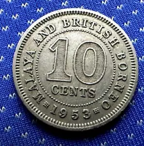 1953 Malaysia British Borneo 10 Cents Coin XF + #M423 - Picture 1 of 2