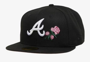 New Era Atlanta Braves Black 5950 Hat Pink Roses Side Patch Size 7 3/4 Pink UV - Picture 1 of 5