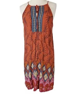 Monteau Womans Size M Halter Dress Embroidery Aztec Bohemian Lined Brown - Picture 1 of 10