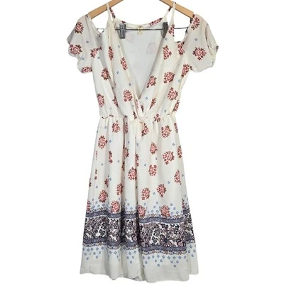 MaRu Flowy Floral Cold Shoulder Short Sleeve V-Neck Dress L - Image 1 of 4