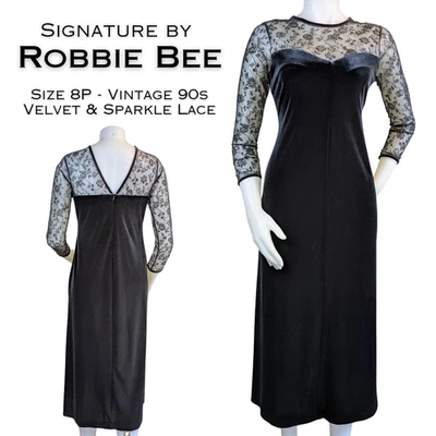 VTG 90s Robbie Bee Maxi Dress Gown 8P Black Velvet Sparkle Sheer Lace Event - Image 1 of 4