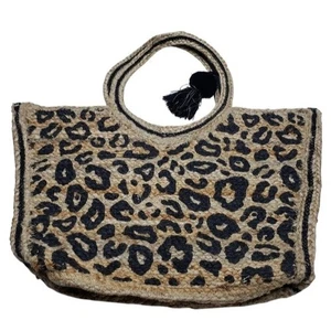 America & Beyond Jute Leopard Print Tote Bag Large Tan Black - Picture 1 of 16