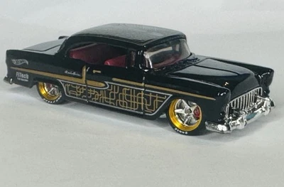 Chevy 55 SICK Hot Wheels MOC negro y dorado con llantas de aleación, pilotos/frenos/rotores reales Foto 1 de 4