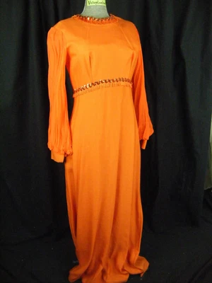 Vtg 60s Orange Crepe Sequin Fringes Mod Long Dress w/Chiffon Sleeve-Bust 35/XS - Image 1 of 4