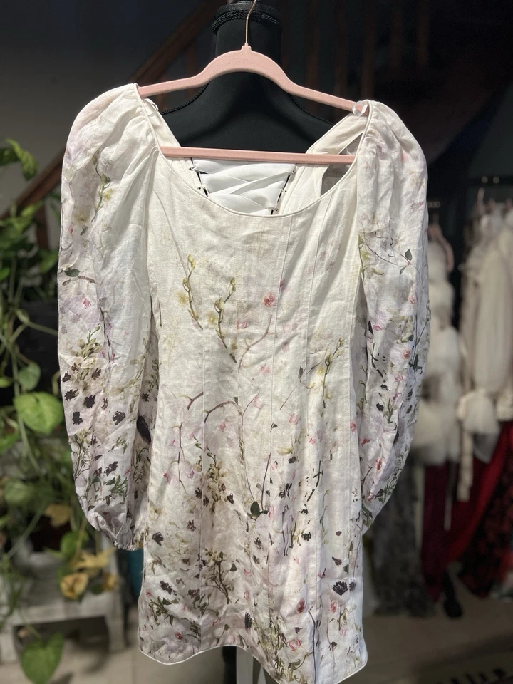 Zimmermann Linen Floral Lace-Up Back Dress – Romantic Puff Sleeve Midi, - Image 1 of 4