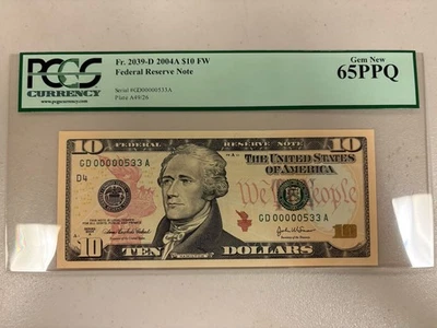Fr. 2039-D 2004A $10 FW Federal Reserve Note PCGS 65 PPQ Low Serial #533 - Image 1 of 2