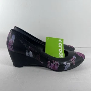 Crocs Lina Wedge Black/Plum Floral Slip On Shoes Women's Size 7 - New with Tags - Picture 1 of 8