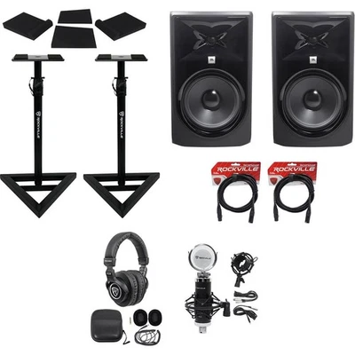 (2) Monitores de estudio alimentados JBL 308P MkII 8" + soportes + almohadillas + cables + auriculares + micrófono Foto 1 de 4