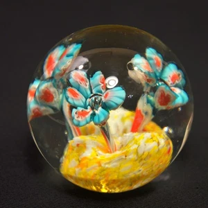 Glass Paperweight 3 1/4" by 3 1/4" Modern Red Blue Flowers Controlled Bubbles - Picture 1 of 12