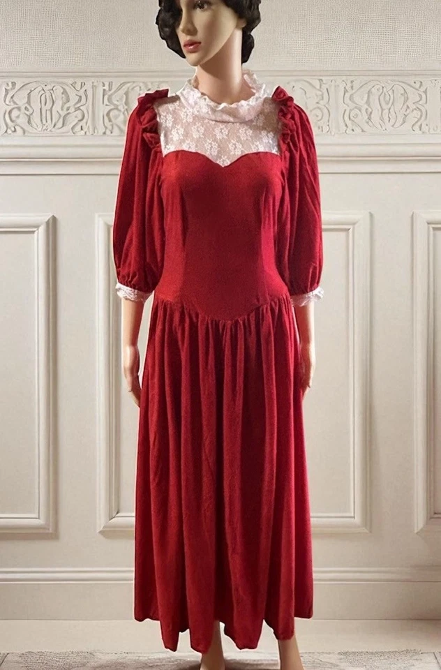 Vintage 70s Dress Victorian Velour Romantic Christmas Lace Ruffle Womens Sz 30w - Image 1 of 4