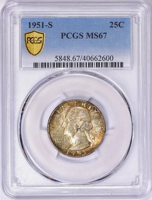 S Washington Quarter 1951 graduación profesional MS67 arco iris tono oro escudo soporte Foto 1 de 3