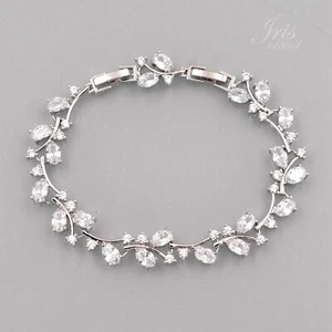 White Gold Plated Clear Cubic Zirconia Wedding Bridal Tennis Bracelet flower 576 - Picture 1 of 5