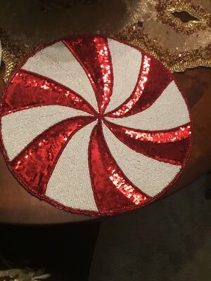 Christmas  PEPPERMINT SWIRL BEADED Table Placemat 15” Round NWT STUNNING NWT - Image 1 of 4