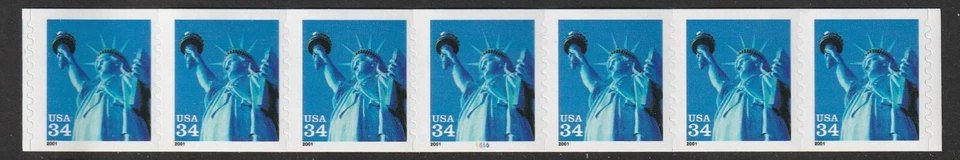 US Scott 3477 34c Statue of Liberty PNC strip of 7, plate # 5555 - Image 1 of 1