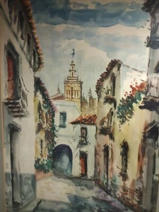 VINTAGE ORIGINAL AQUARELL GEMÄLDE! SPANISCHE STADT. Vom Künstler signiert - Bild 1 von 6