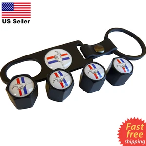4x Mustang Wheel Tire Cap Air Valve Stem Cover With Belt Keychain (Black) - Picture 1 of 10