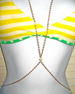 Gold Plated Single Pearl Body Chain Necklace Fashionable Bikini Jewelry _ BC-10 - Picture 1 of 5