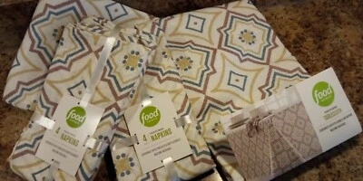 Food Network Textured Tablecloth 60x84 w/8 Napkins Crm Burg Blue Turq Yellw Gold - Image 1 of 4