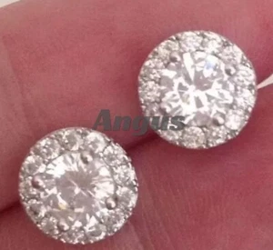 Pendientes con halo de moissanita de 2,6 quilates de oro macizo de 14 quilates | Tachuelas nupciales de corte redondo de 6 mm - Imagen 1 de 6