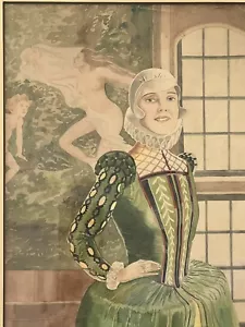 Rare 1931 Original Art Deco Signed Watercolor Lady In Elizabethan Fashion - Picture 1 of 9