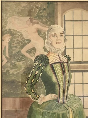 Rare 1931 Original Art Deco Signed Watercolor Lady In Elizabethan Fashion - Image 1 of 4